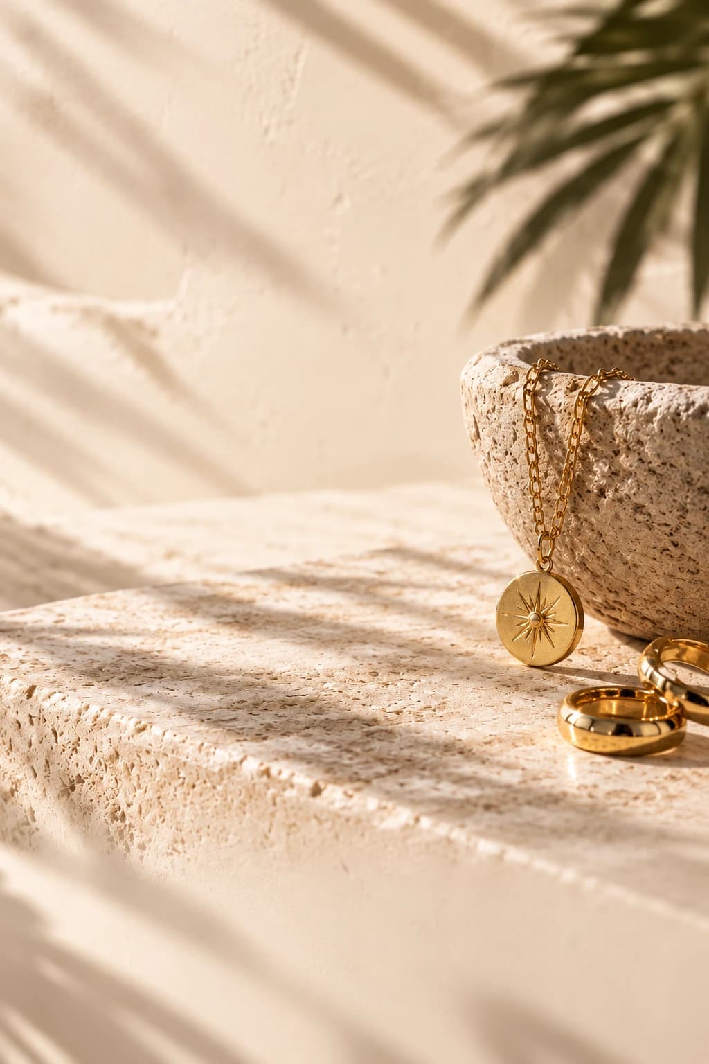 Gold pendant and rings resting on sunlit travertine.
